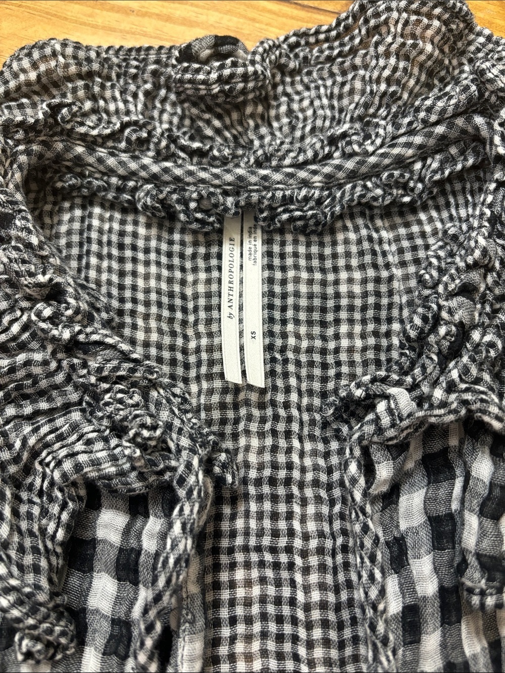 Anthropologie Size XS 100% Cotton Black & White Gingham Ruffled Top - Picture 2 of 3